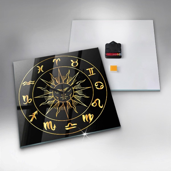 Square glass clock Golden zodiac signs with sun