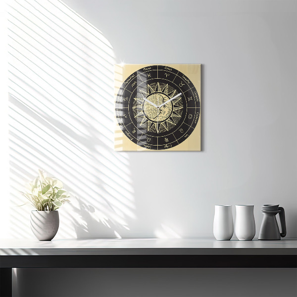 Square glass clock Zodiacs and sun
