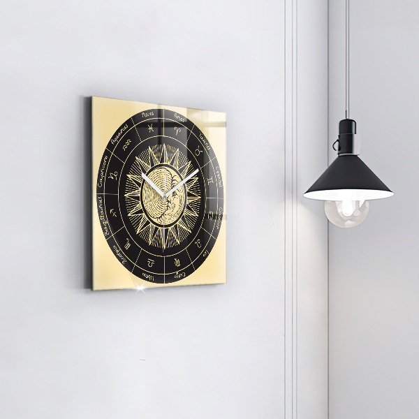 Square glass clock Zodiacs and sun