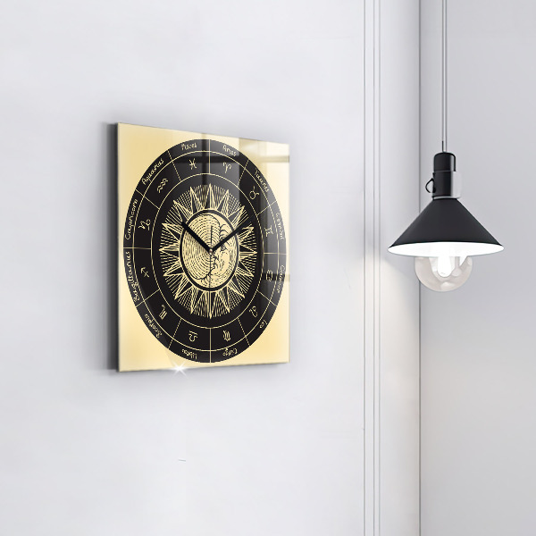 Square glass clock Zodiacs and sun