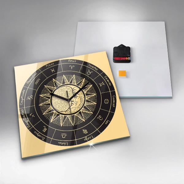 Square glass clock Zodiacs and sun