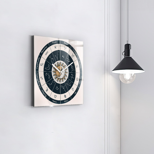 Square glass clock Zodiac constellations on blue background