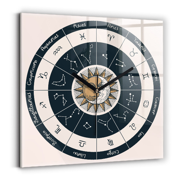 Square glass clock Zodiac constellations on blue background