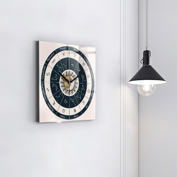 Square glass clock Zodiac constellations on blue background
