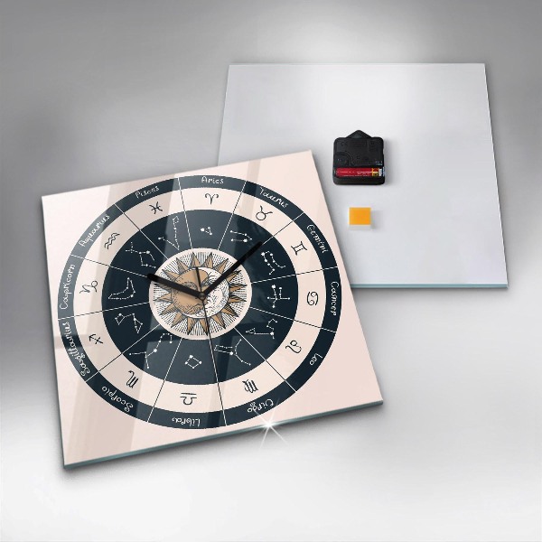 Square glass clock Zodiac constellations on blue background