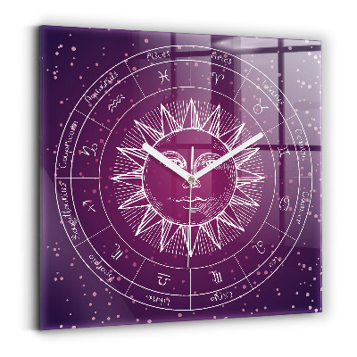 Square glass clock Zodiac constellations on purple background