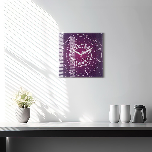 Square glass clock Zodiac constellations on purple background