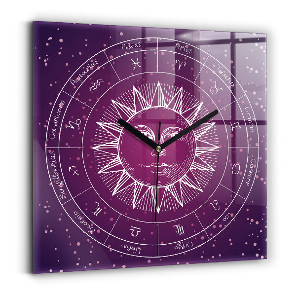 Square glass clock Zodiac constellations on purple background