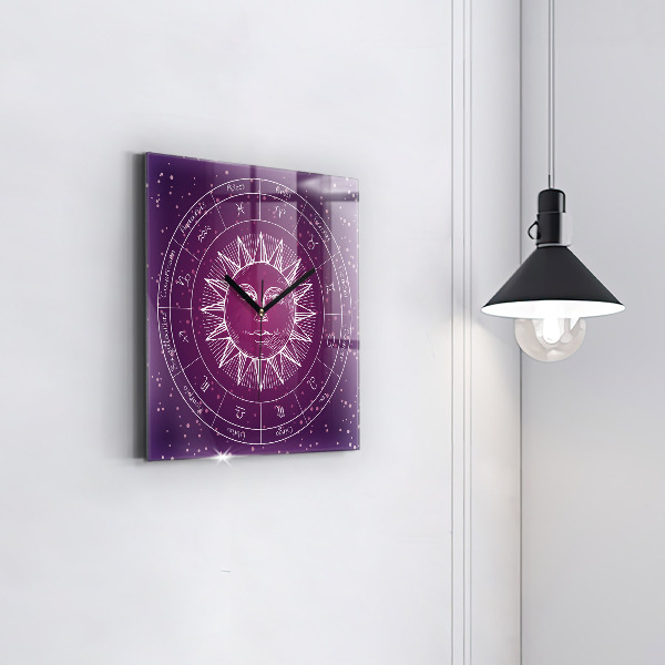 Square glass clock Zodiac constellations on purple background