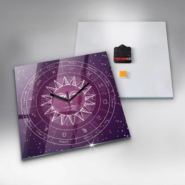 Square glass clock Zodiac constellations on purple background