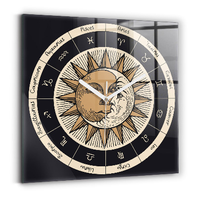 Square glass clock Sun and zodiacs