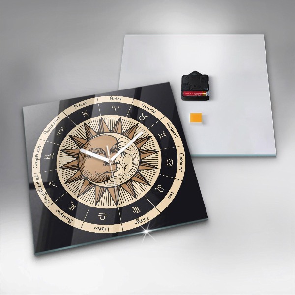 Square glass clock Sun and zodiacs