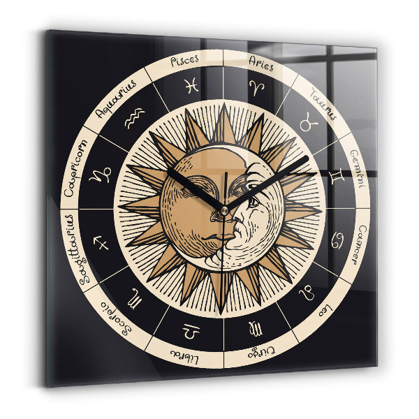 Square glass clock Sun and zodiacs
