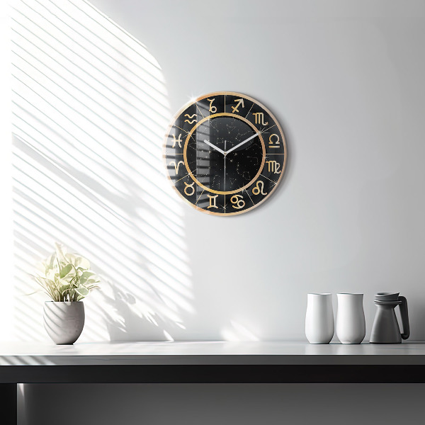 Round clock glass Black Zodiac Signs