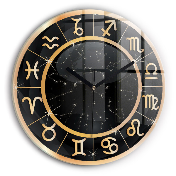 Round clock glass Black Zodiac Signs