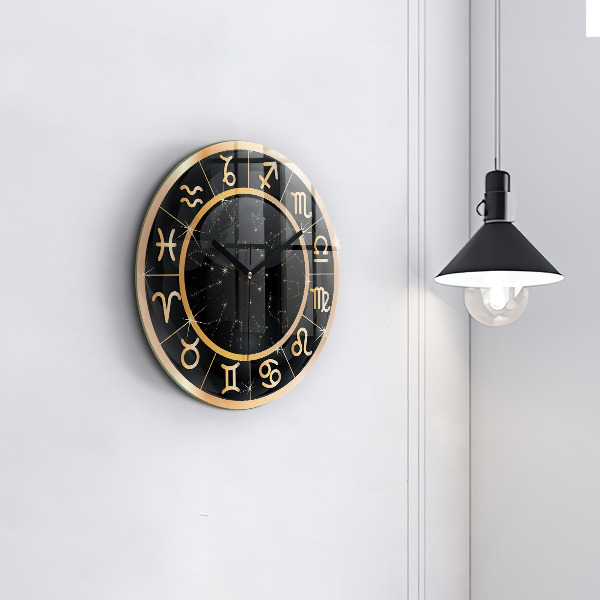 Round clock glass Black Zodiac Signs