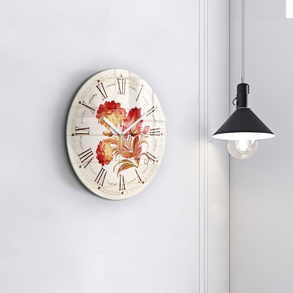 Round clock glass Red Flowers