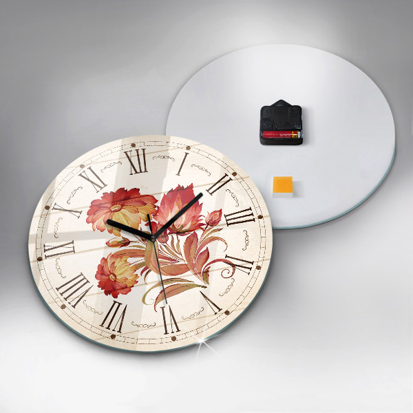 Round clock glass Red Flowers