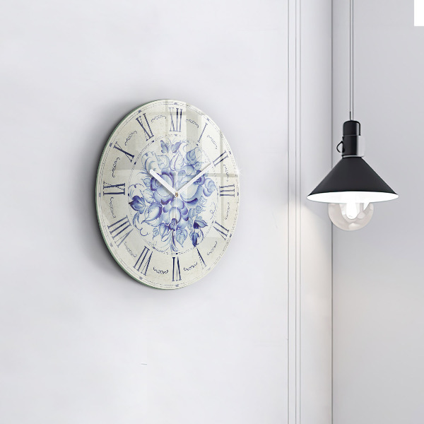 Round clock glass Blue Flowers