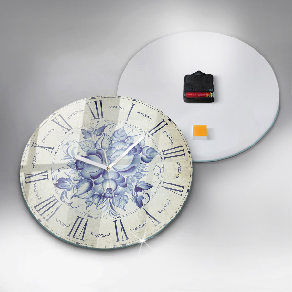 Round clock glass Blue Flowers