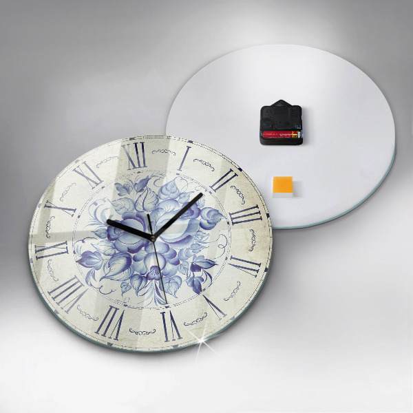 Round clock glass Blue Flowers