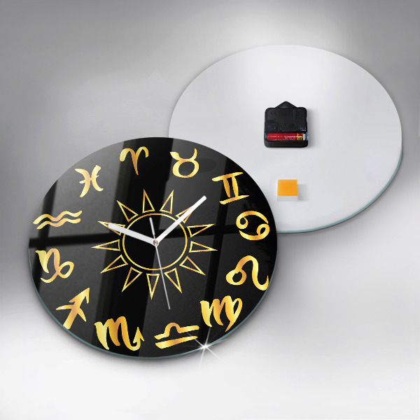 Round clock glass Golden Zodiac Signs and Sun
