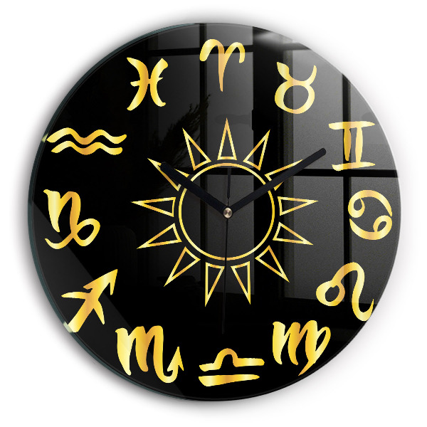 Round clock glass Golden Zodiac Signs and Sun