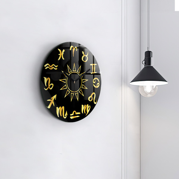 Round clock glass Golden Zodiac Signs and Sun