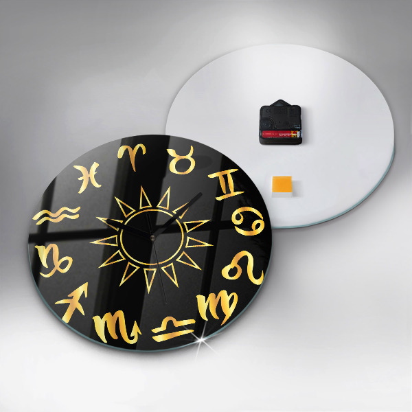 Round clock glass Golden Zodiac Signs and Sun