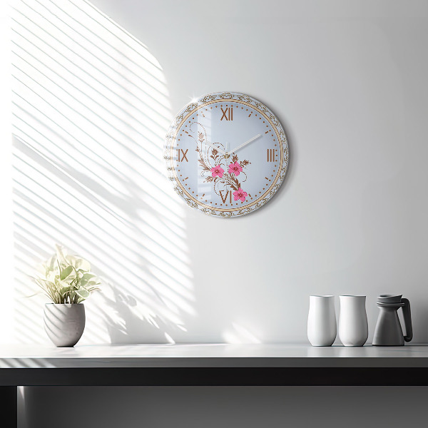 Round clock glass Pink Flowers