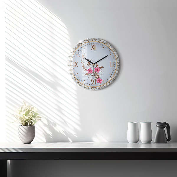 Round clock glass Pink Flowers