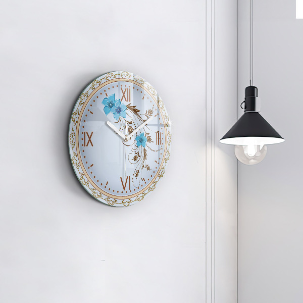 Round clock glass Blue Flowers
