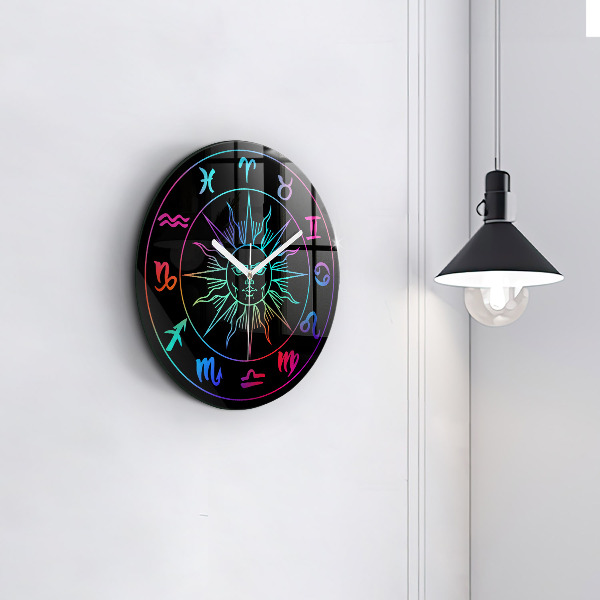 Round clock glass Rainbow Zodiac Signs and Sun