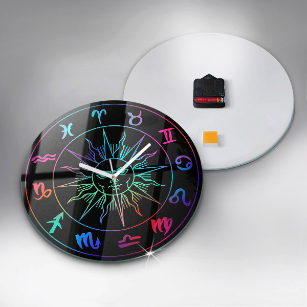 Round clock glass Rainbow Zodiac Signs and Sun