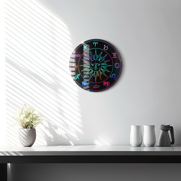 Round clock glass Rainbow Zodiac Signs and Sun