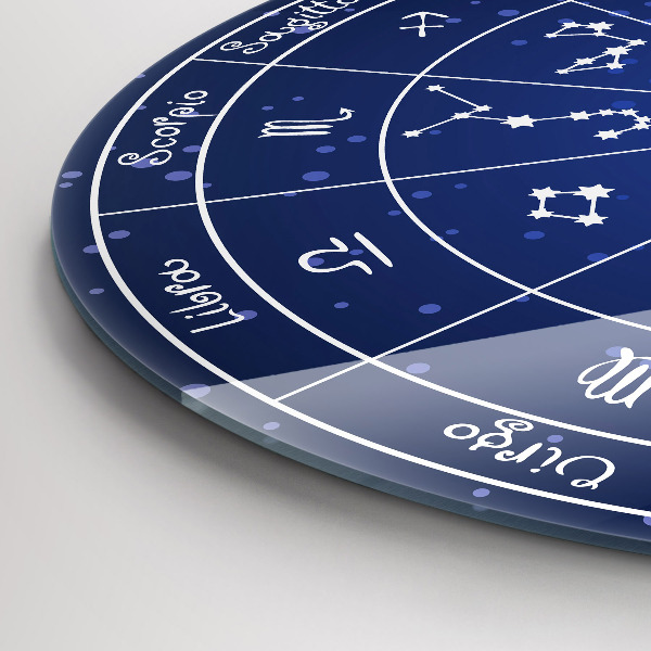 Round clock glass Zodiac Constellations on a Sky Blue Background