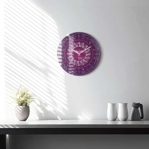 Round clock glass Zodiac Constellations on a Purple Background